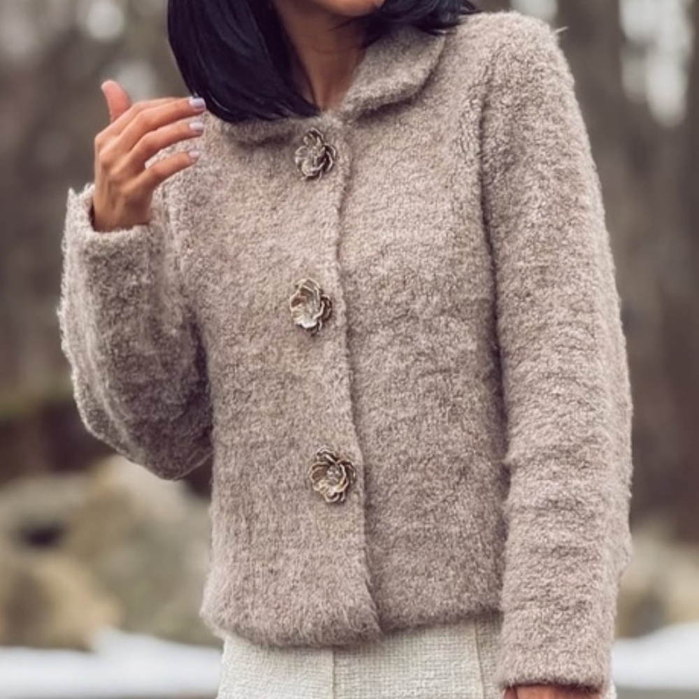 Zara Floral Button Tan Sweater
